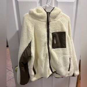 Cream Teddy Jacket with Brown Trim and Zip Pocket - Women's Cozy Hooded Coat